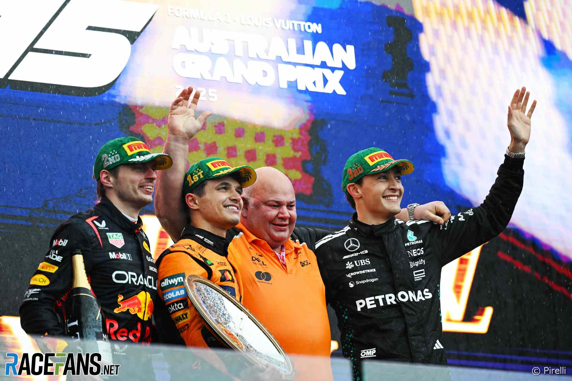 Max Verstappen, Lando Norris, Rob Marshall, George Russell, Albert Park, Melbourne, 2025